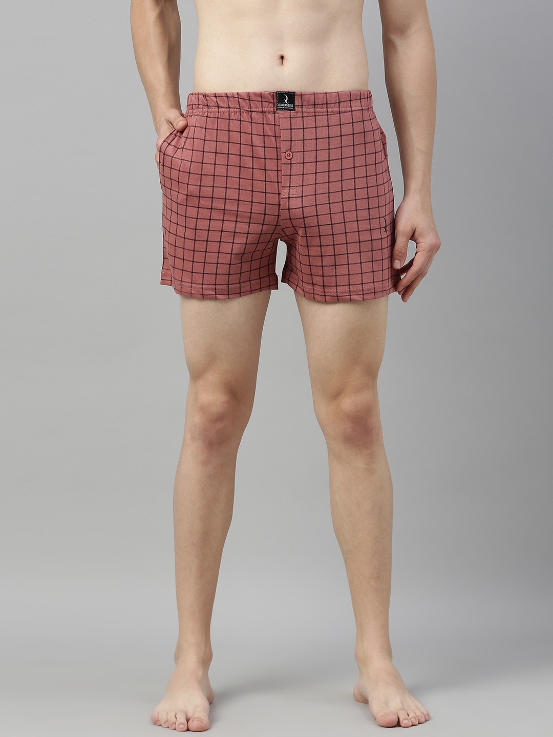 

QUARANTINE Men Mauve & Black Checked Pure Cotton Solid Boxers