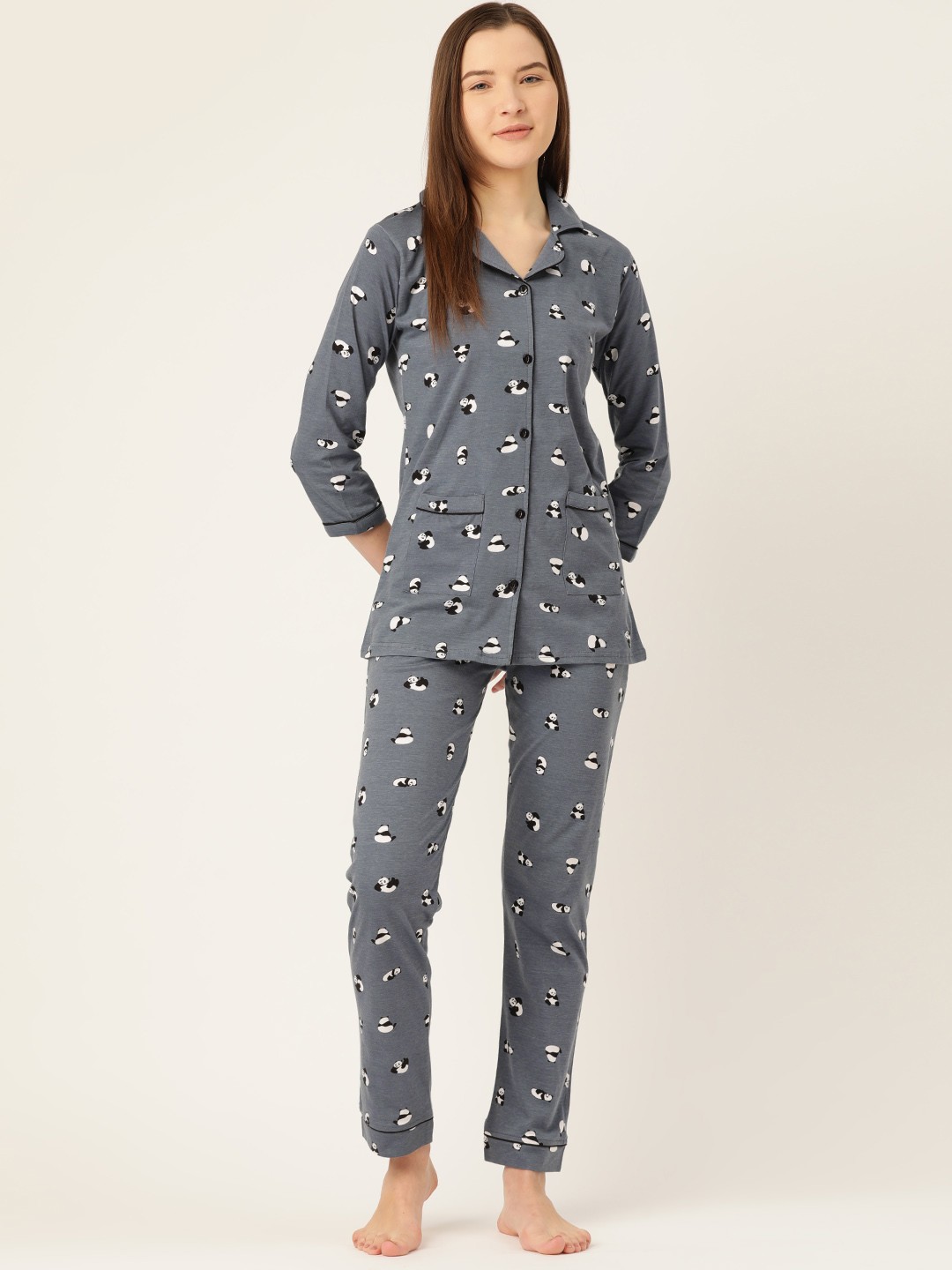 

MBeautiful Women Charcoal & Black Panda Printed Night suit