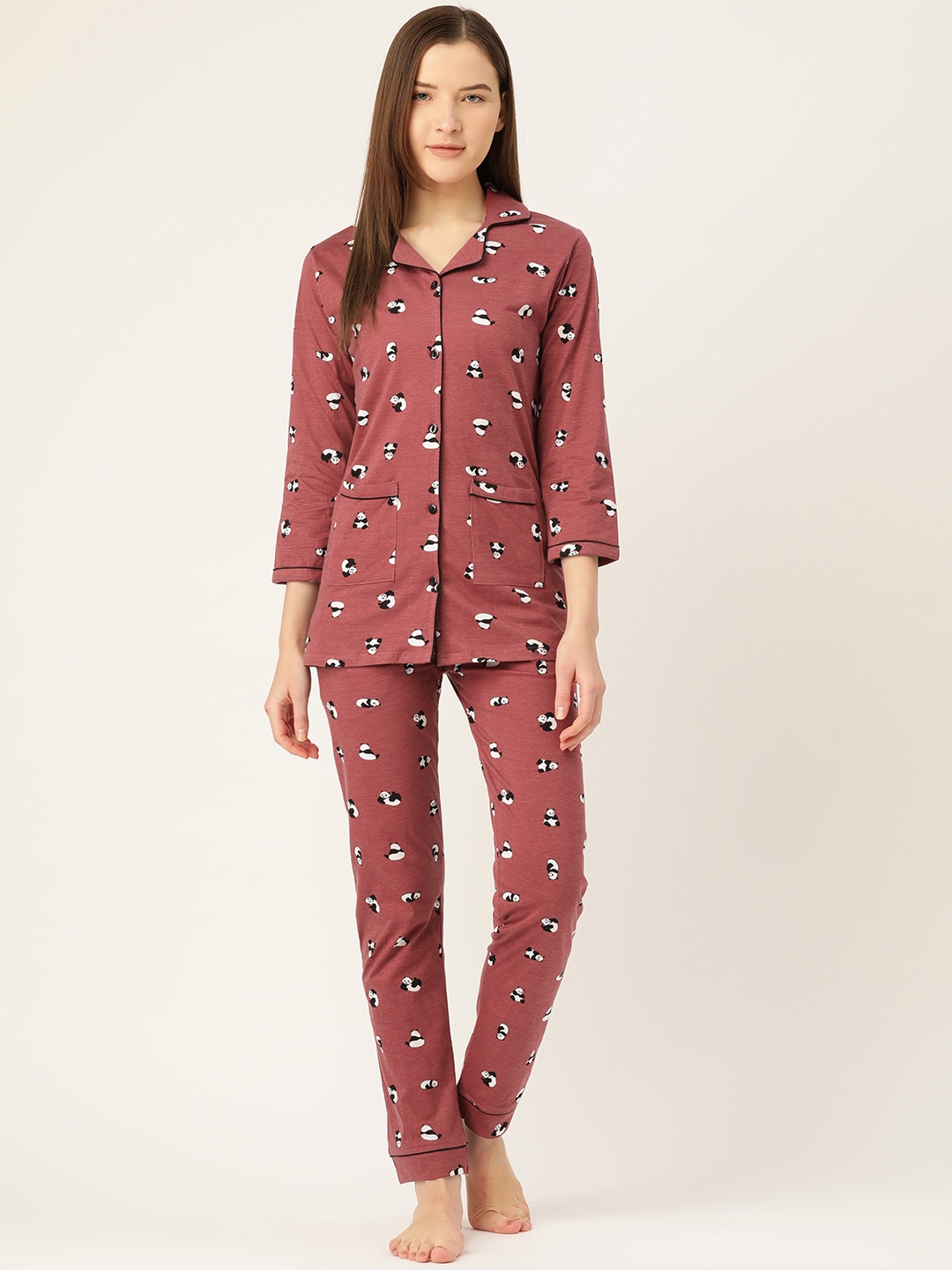 

MBeautiful Women Maroon & Black Panda Printed Night suit