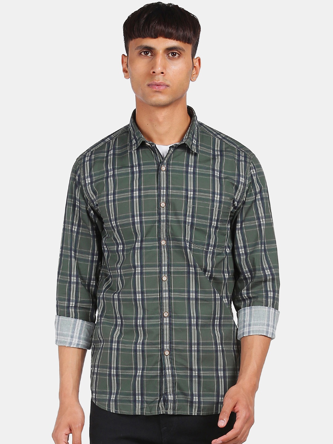 

Flying Machine Men Olive Green Regular Fit Checked Casual Shirt