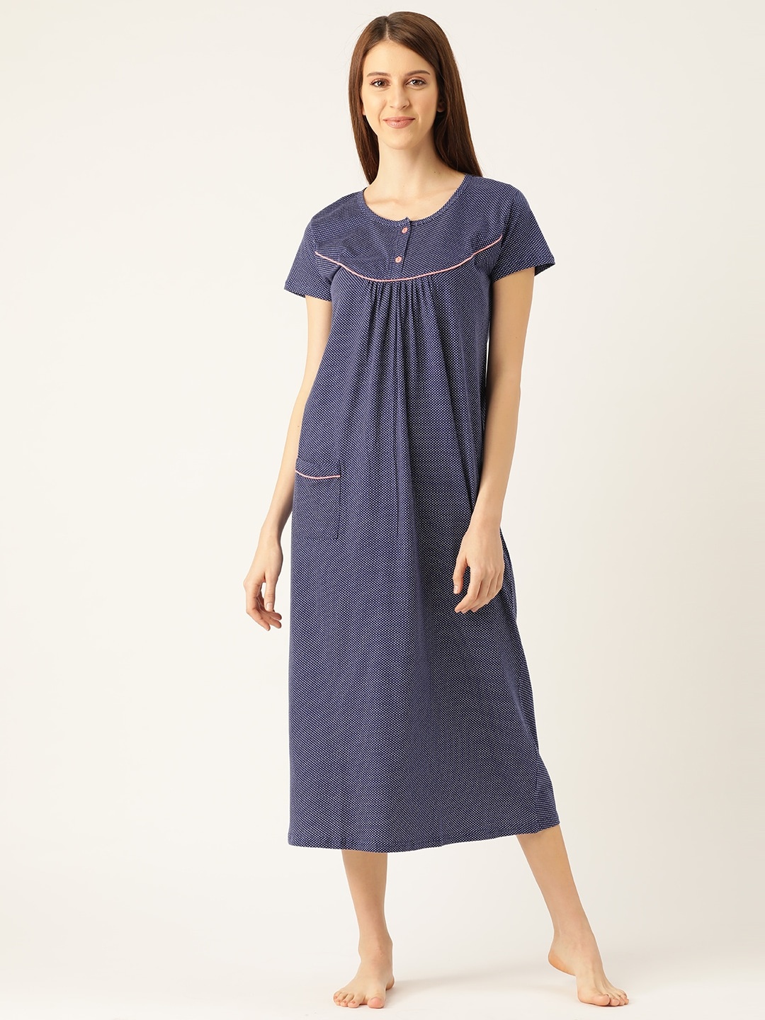 

MBeautiful Blue & White Micro Ditsy Dots Print Midi Nightdress