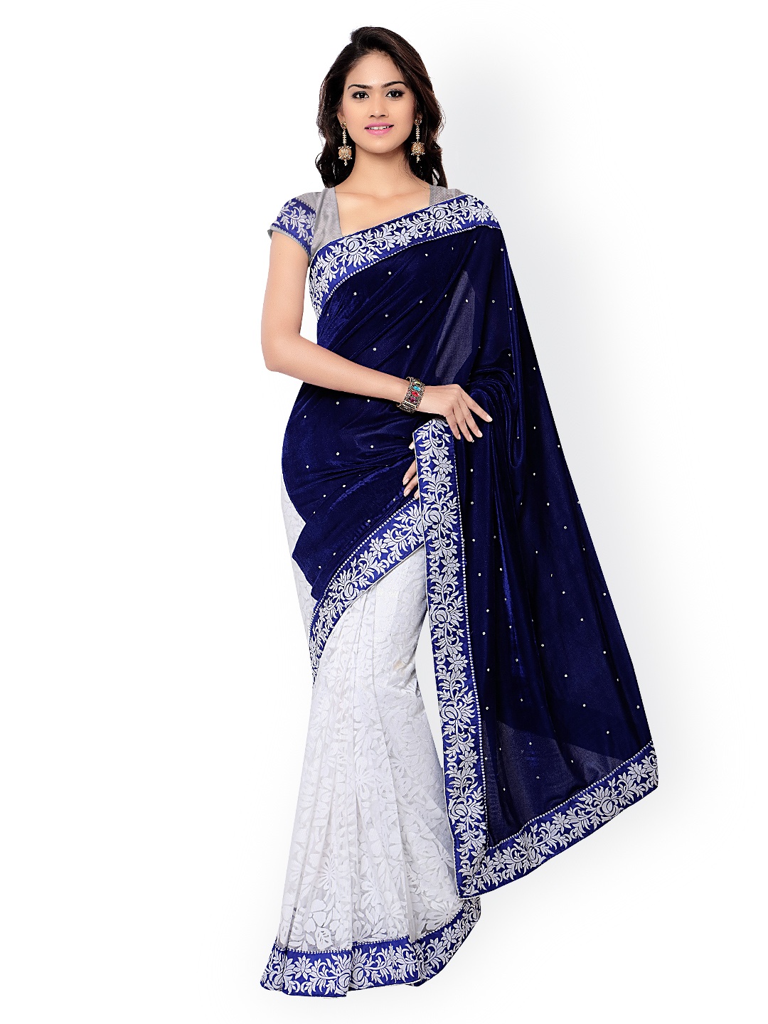 

Florence Navy & White Velvet Embellished Saree, Navy blue