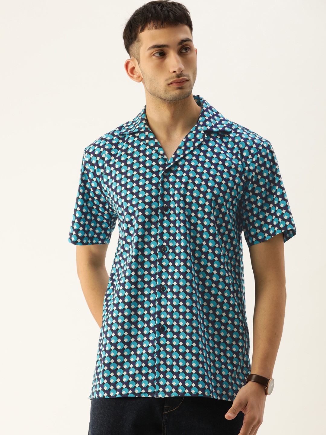 

Hancock Men Navy Blue Regular Fit Geometric Printed Casual Shirt