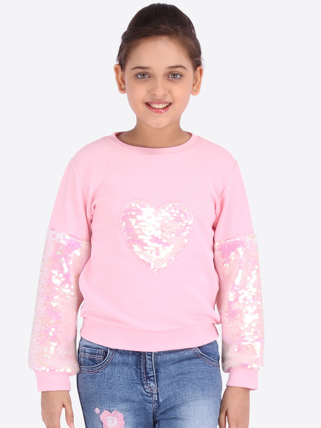 

CUTECUMBER Girls Peach-Coloured & Silver-Toned Embellished Sweatshirt