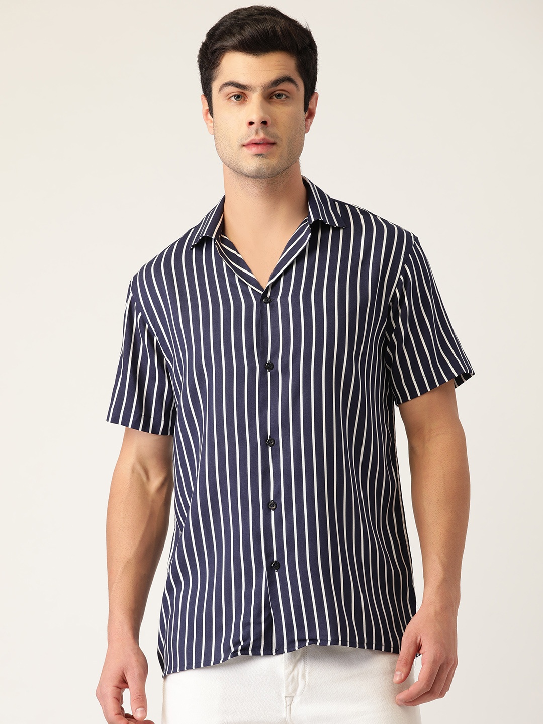 

Hancock Men Navy Blue & White Relaxed Fit Striped Casual Shirt