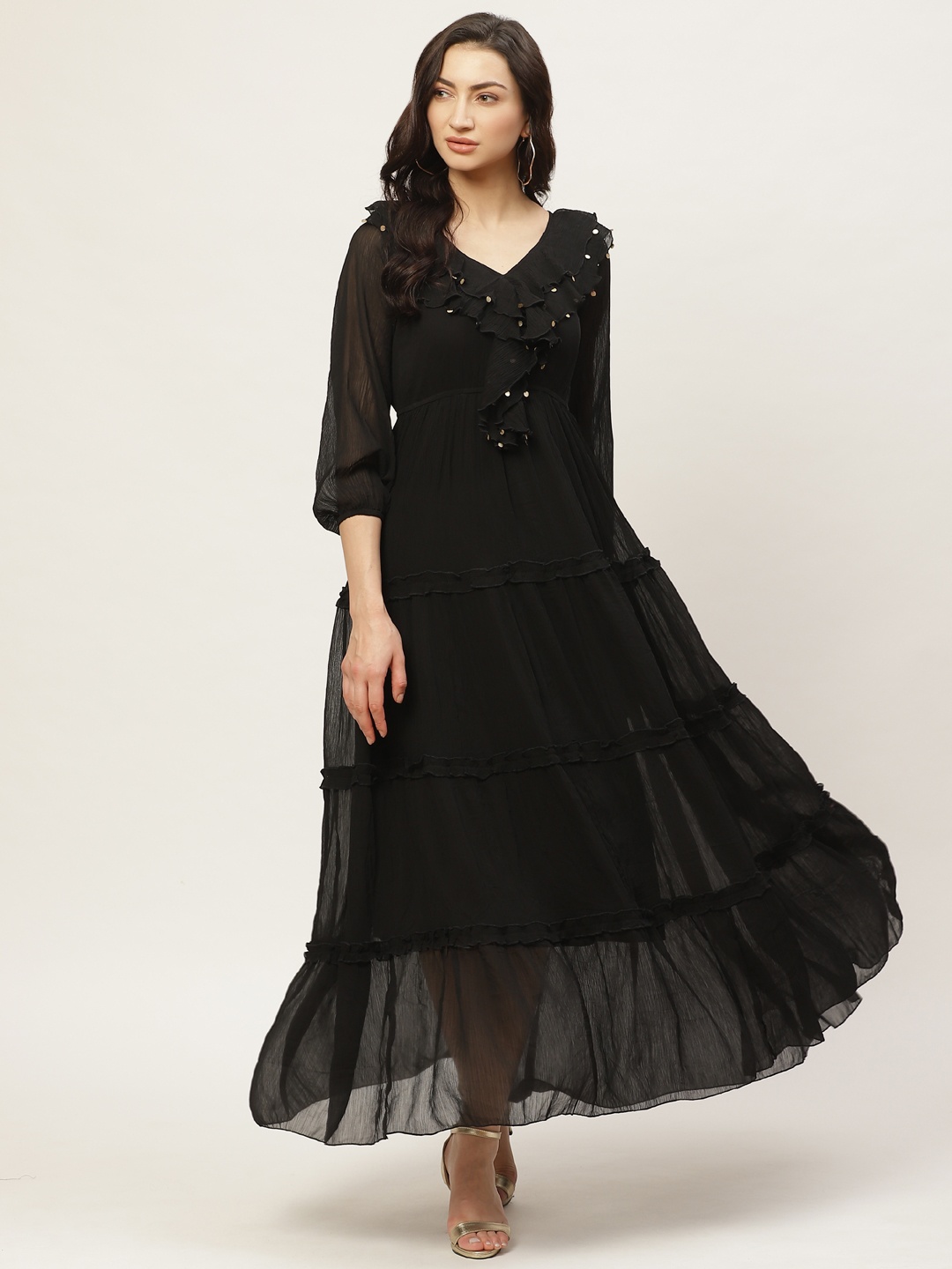 

Antheaa Women Black Solid Tiered Maxi Dress