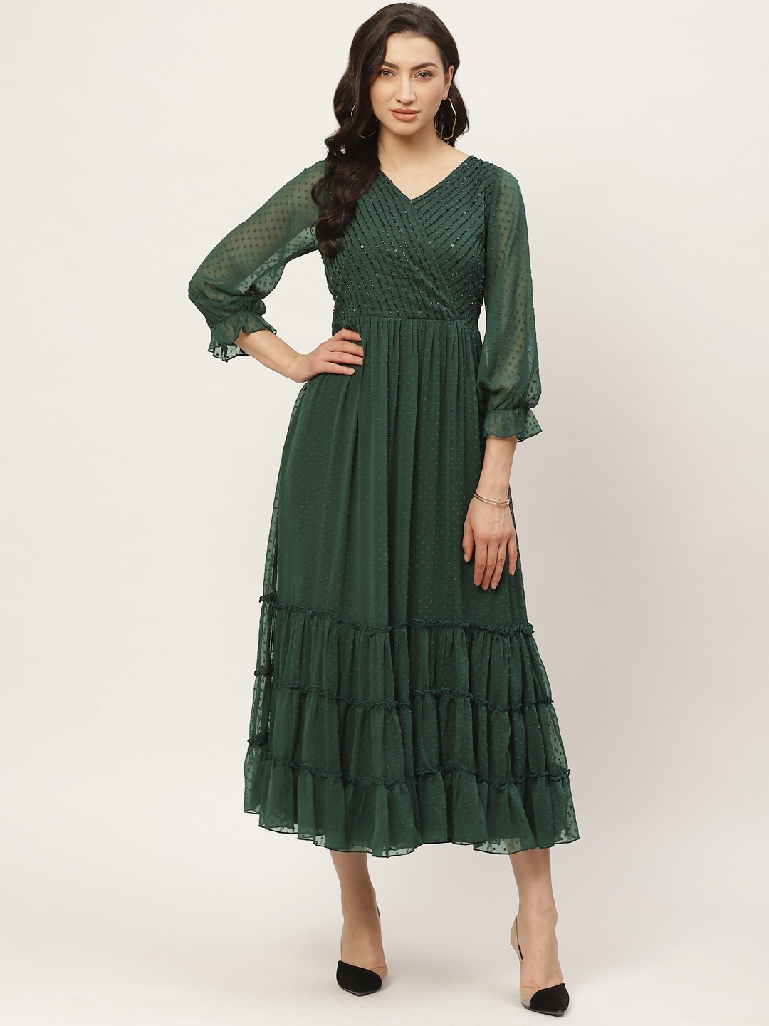 

Antheaa Green Embellished Dobby Weave Tiered Midi Wrap Dress