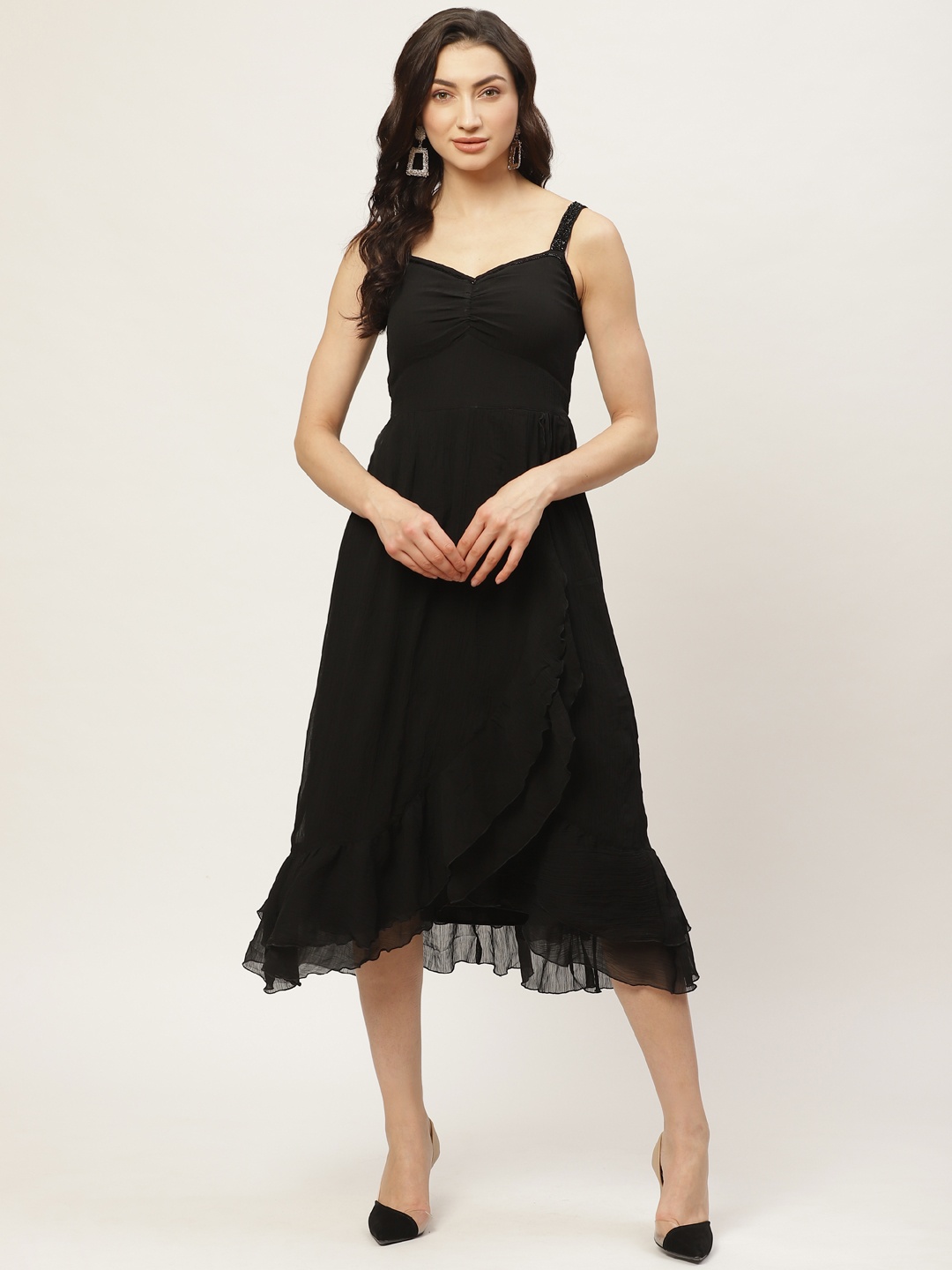 

Antheaa Women Black Solid Smocked Fit and Flare Dress