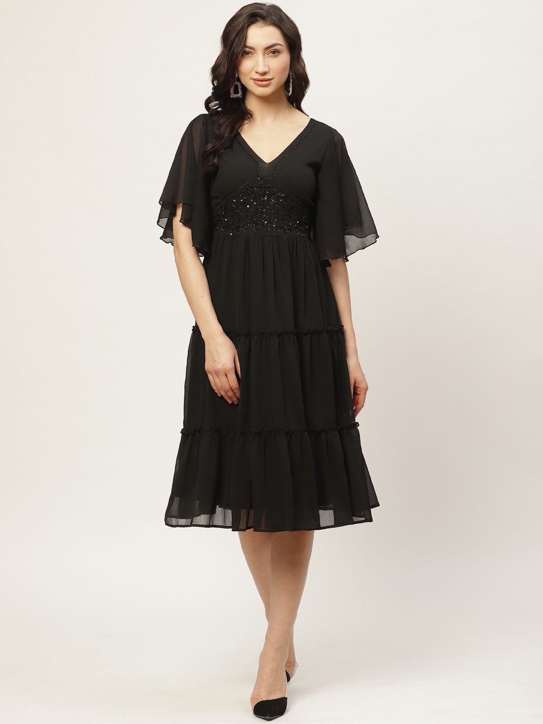 

Antheaa Women Black Solid Tiered A-Line Dress With Embellished Detail