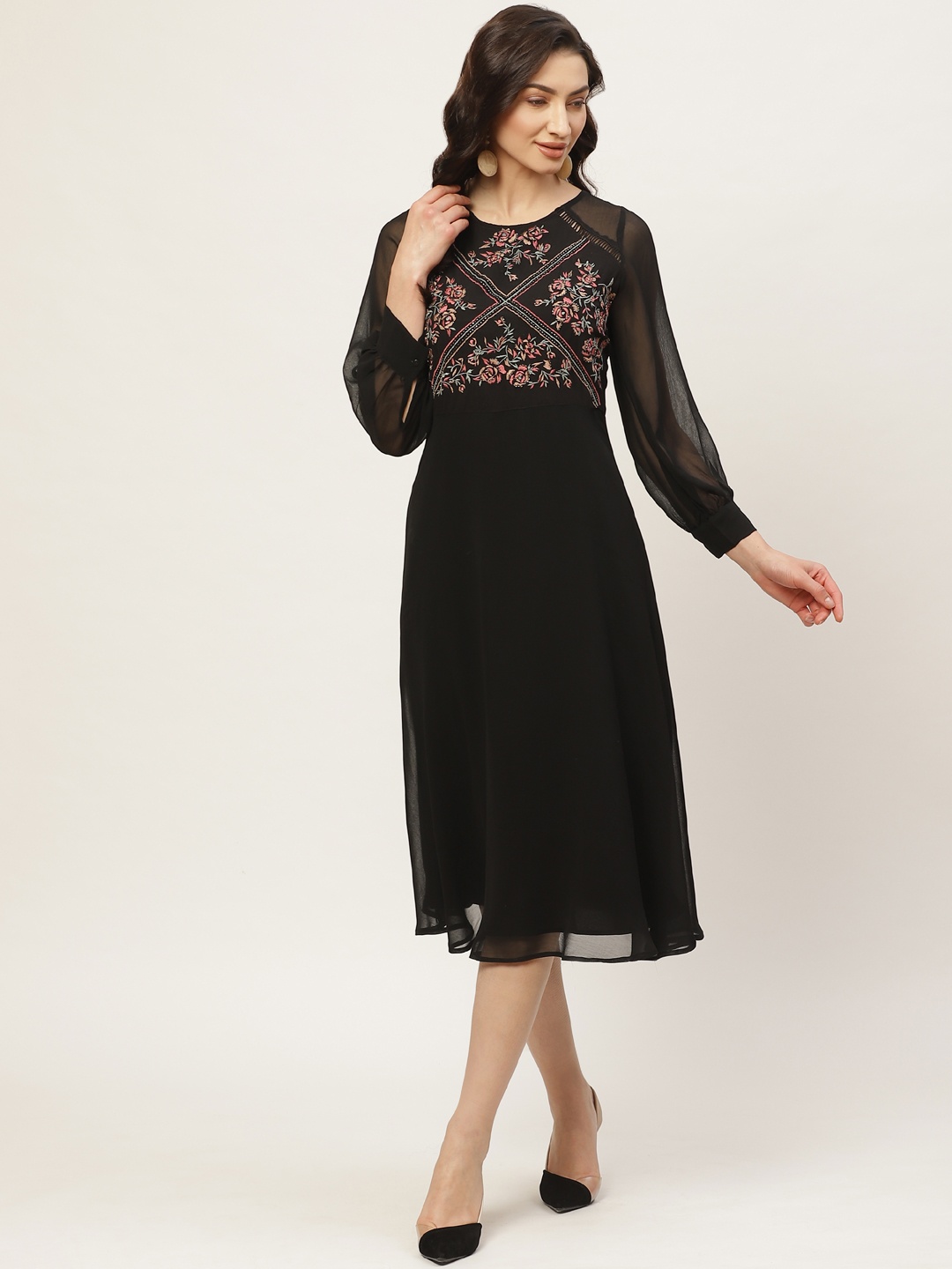 

Antheaa Women Black & Pink Floral Embroidered & Embellished A-Line Dress