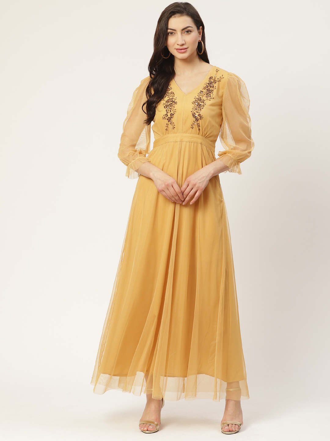 

Antheaa Women Beige Solid A-Line Dress with Embellished Details