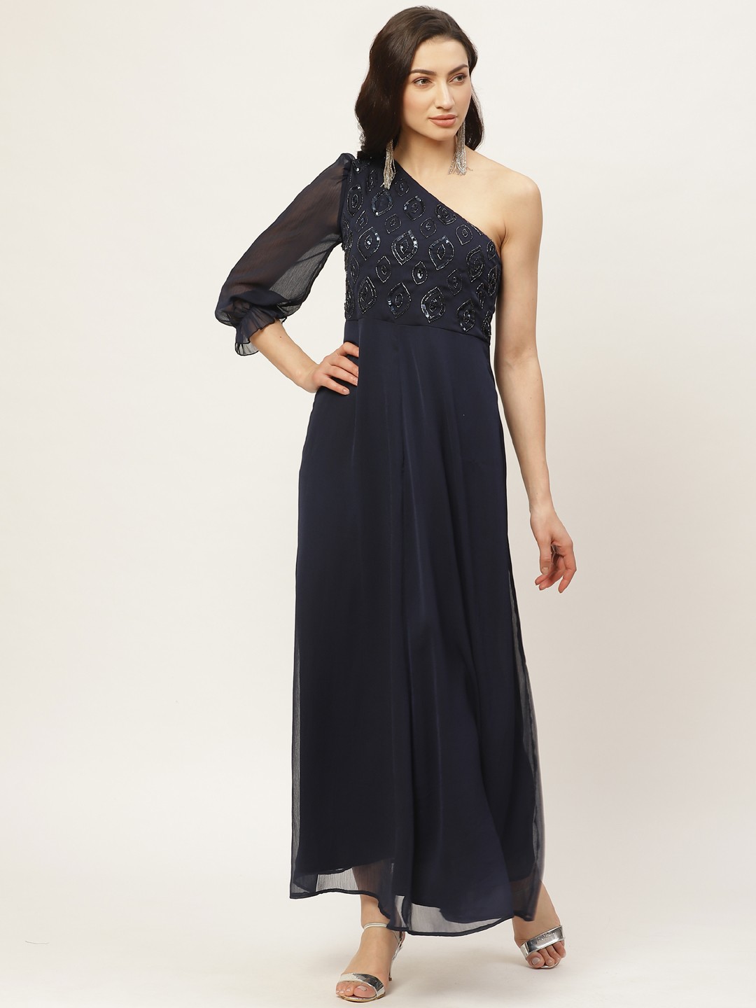 

Antheaa Women Navy Blue Embellished One-Shoulder Maxi Dress