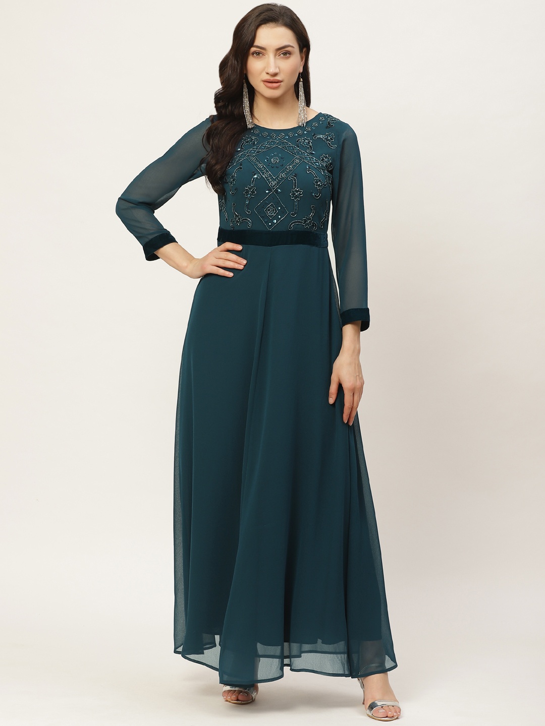 

Antheaa Women Teal Blue Solid Fit and Flare Dress with Embellished Details