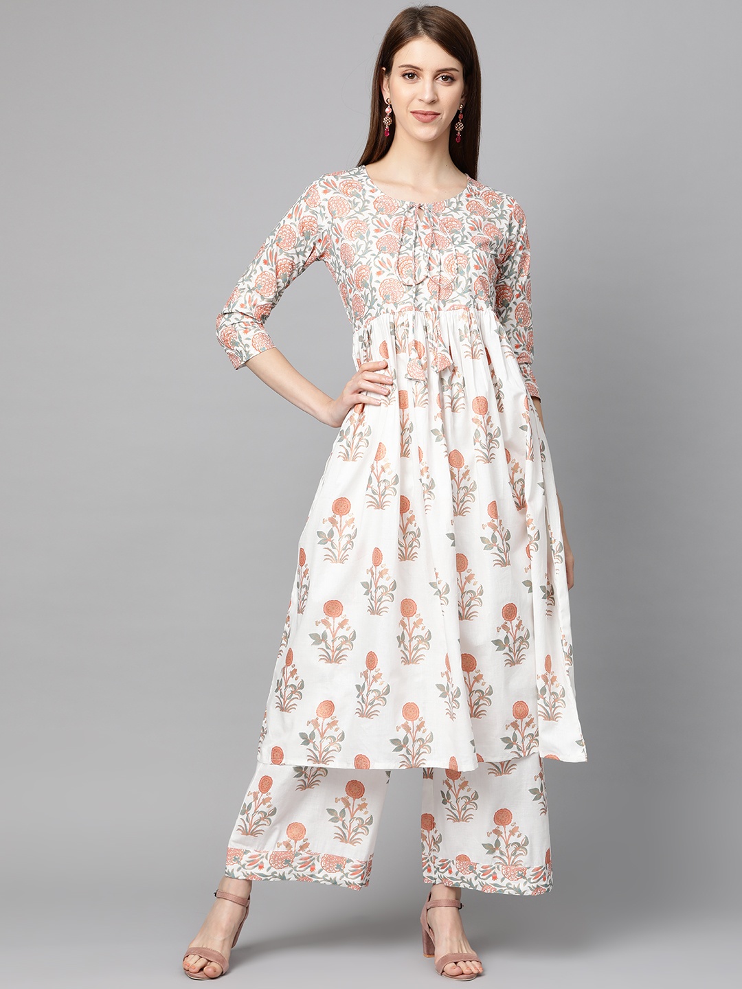 

mokshi Women White & Pink Printed Kurta with Palazzos