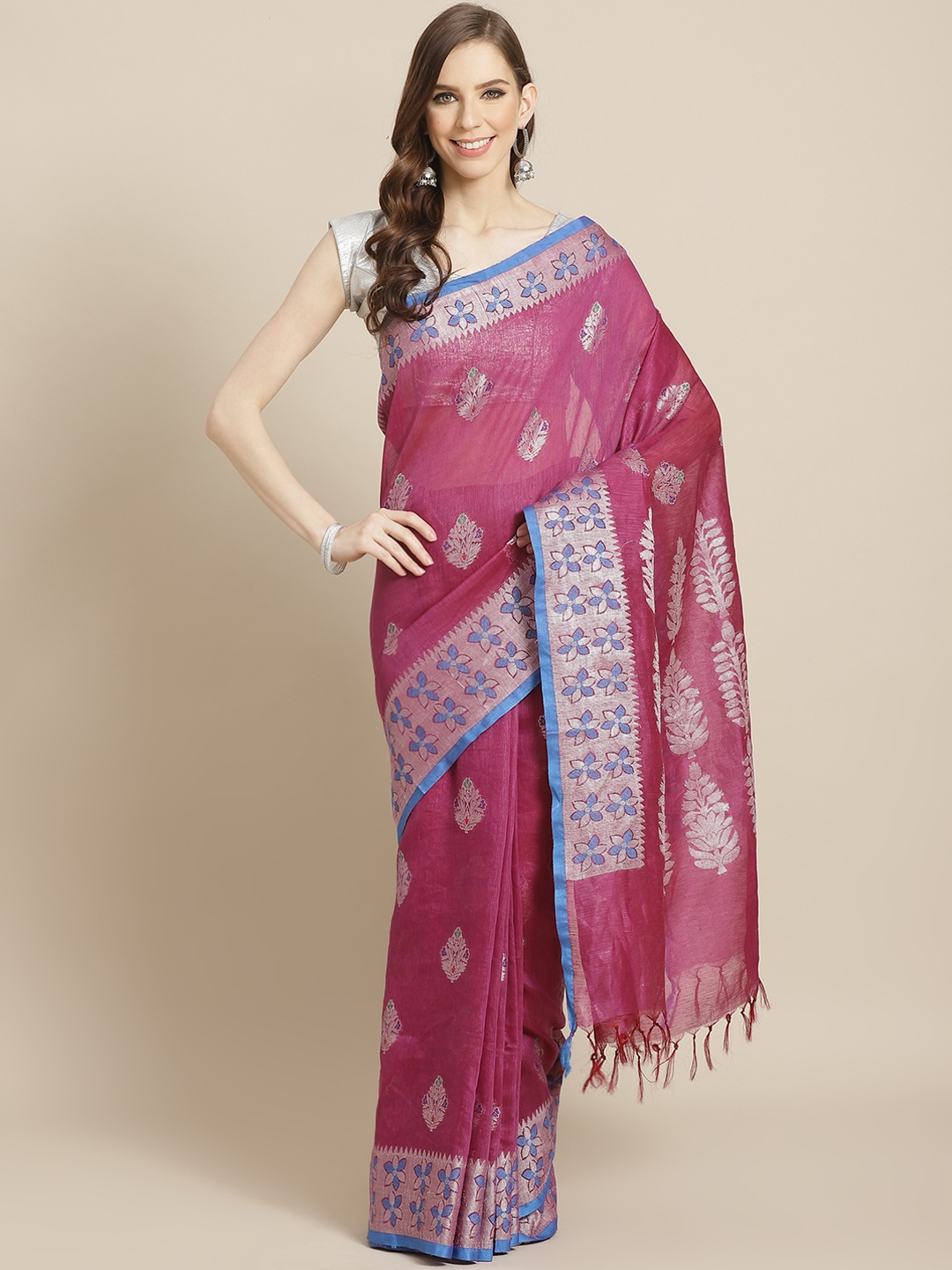 

swatika Purple Pure Linen Woven Design Handloom Banarasi Saree