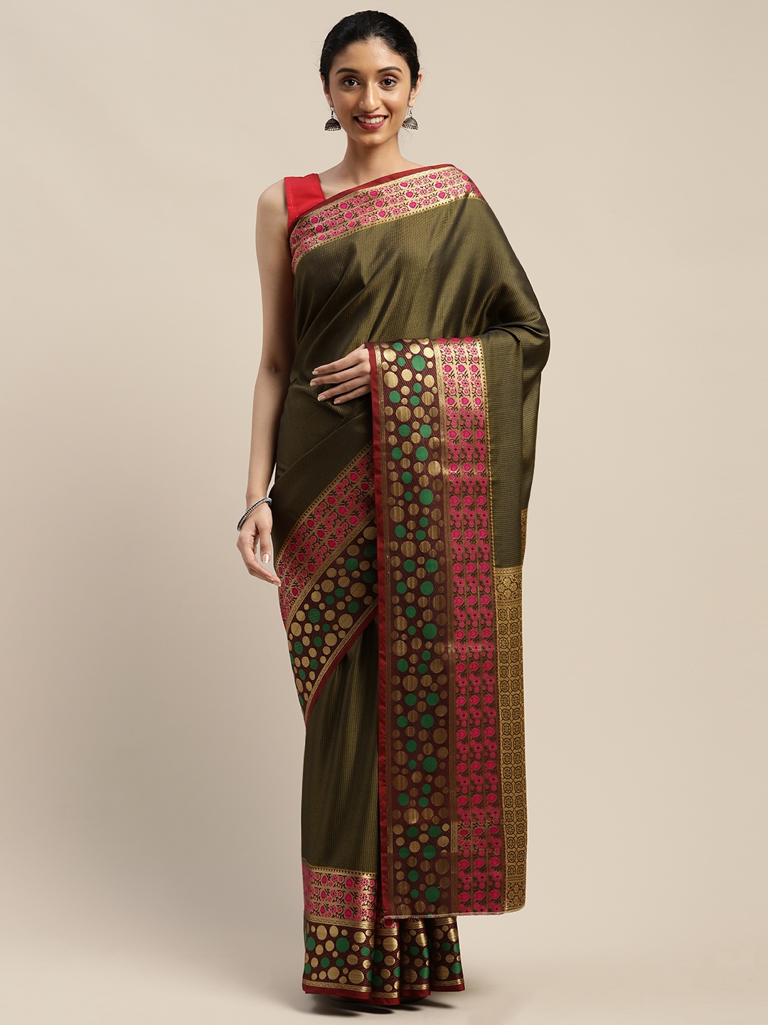 

Mitera Olive Green & Gold-Toned Silk Blend Woven Design Mysore Silk Saree