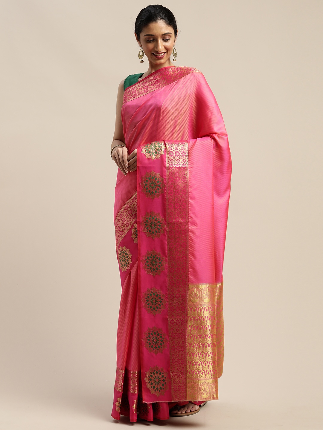 

Mitera Pink & Gold-Toned Silk Blend Woven Design Mysore Silk Saree