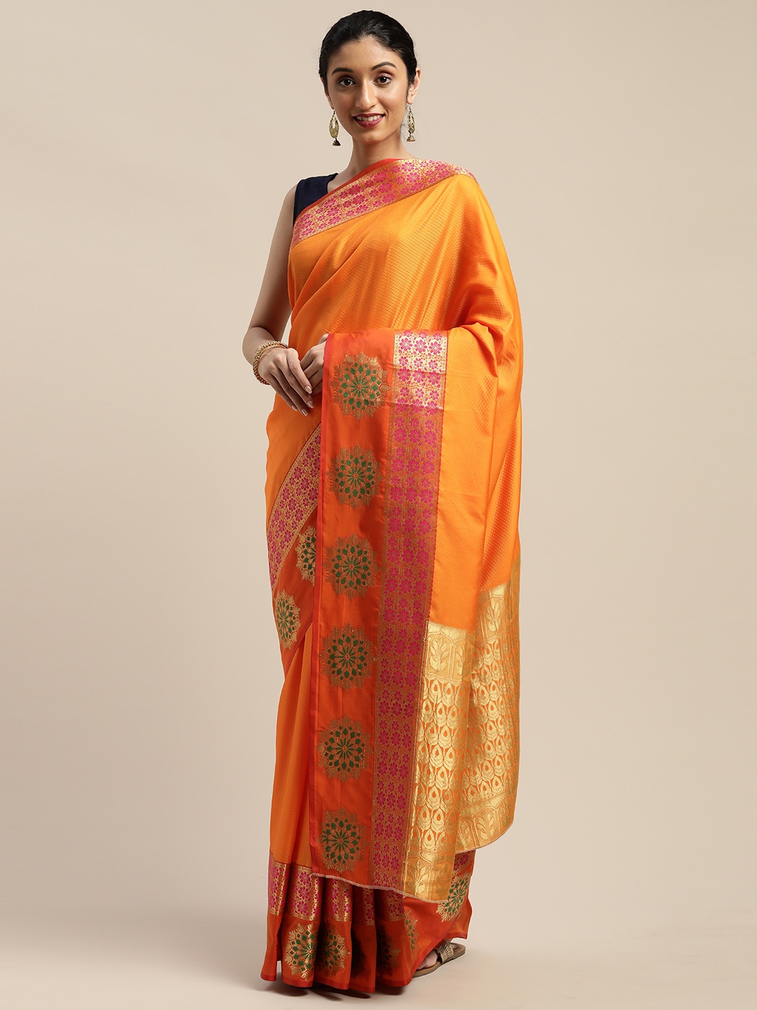

Mitera Orange & Gold-Toned Silk Blend Woven Design Mysore Silk Saree