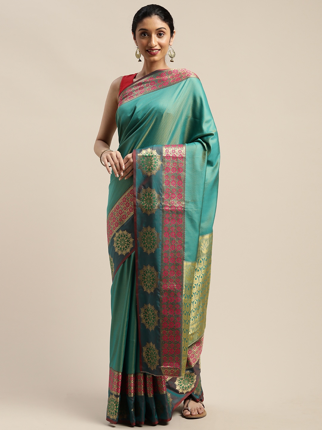 

Mitera Teal Blue & Gold-Toned Silk Blend Woven Design Mysore Silk Saree