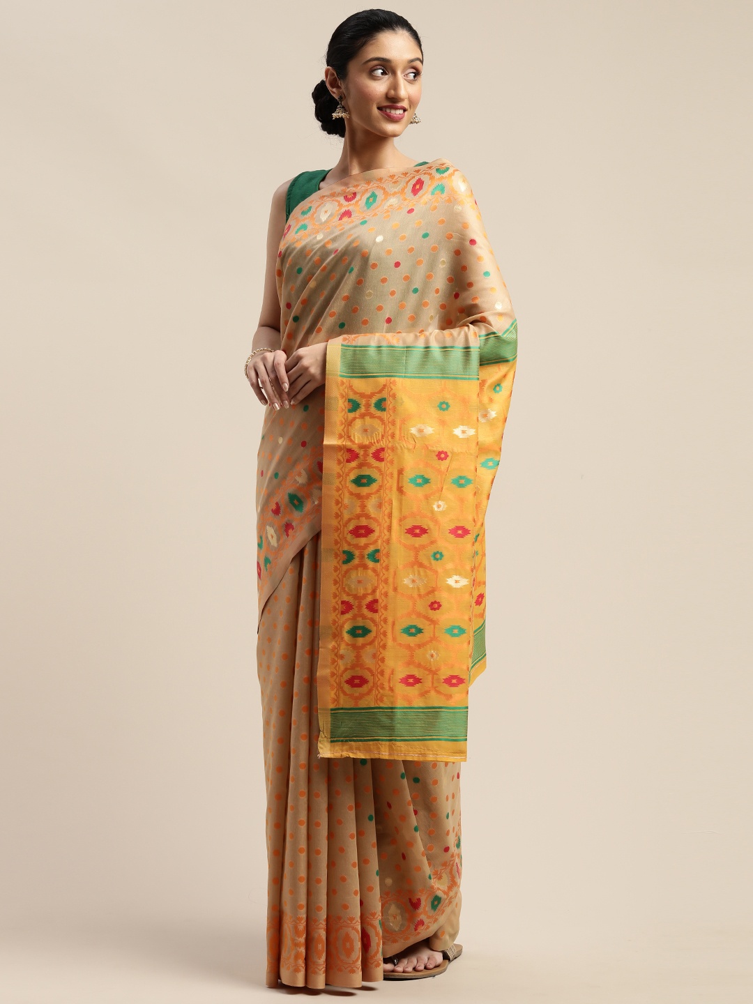 

Mitera Beige & Mustard Yellow Silk Cotton Woven Design Jamdani Saree