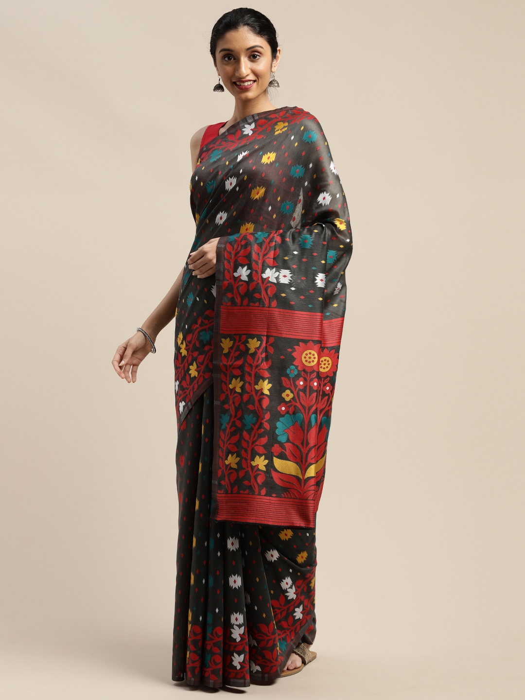 

Mitera Grey & Red Silk Cotton Woven Design Jamdani Saree