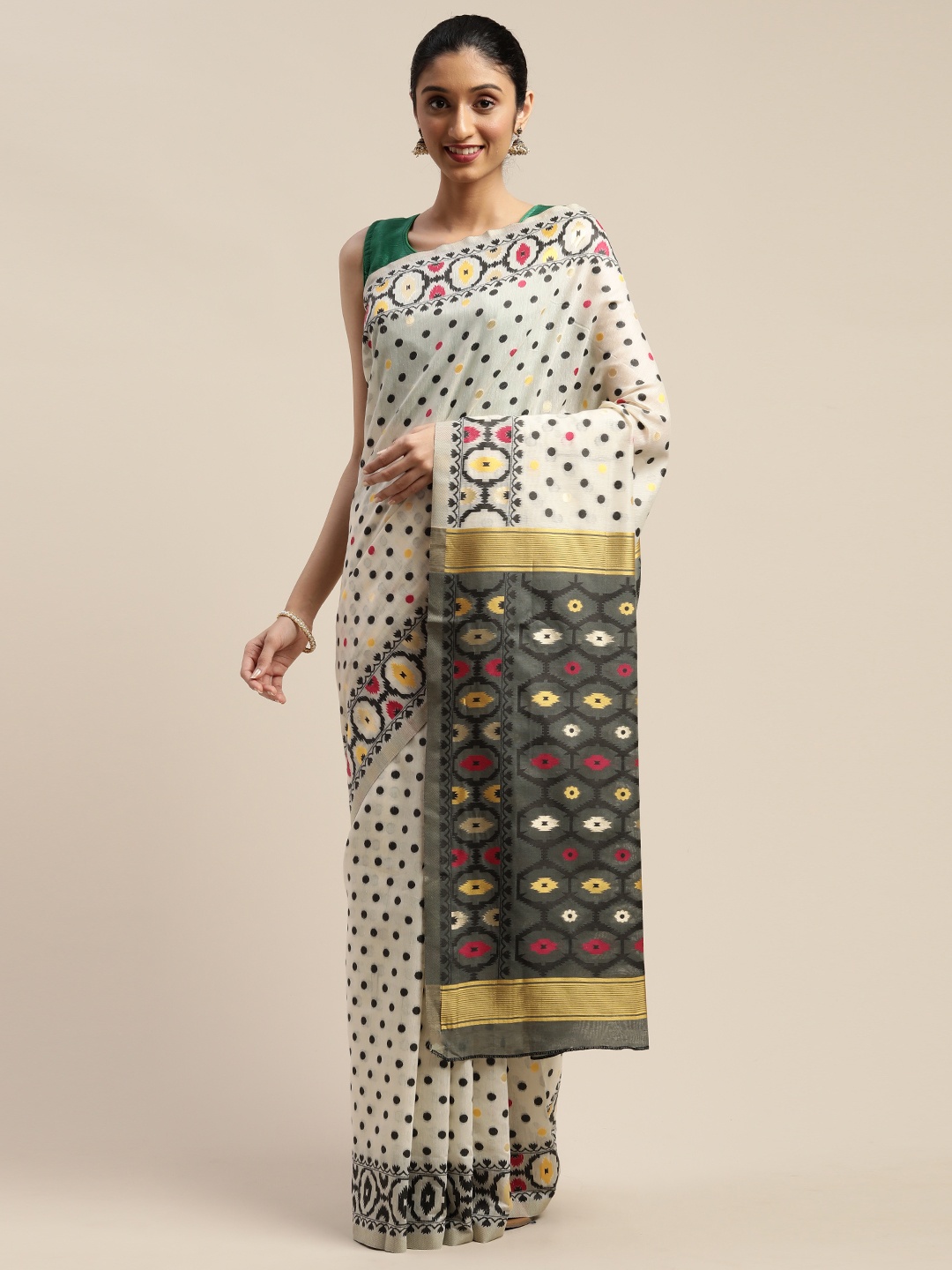 

Mitera White & Charcoal Grey Silk Cotton Woven Design Jamdani Saree