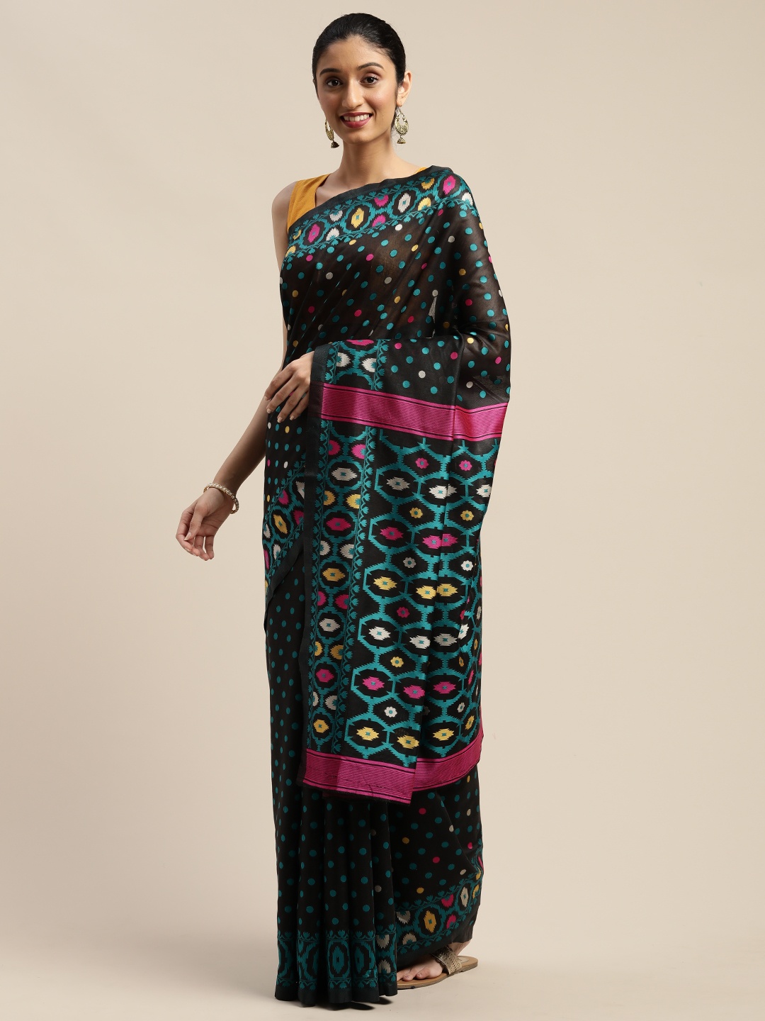 

Mitera Black & Blue Silk Cotton Printed Jamdani Saree