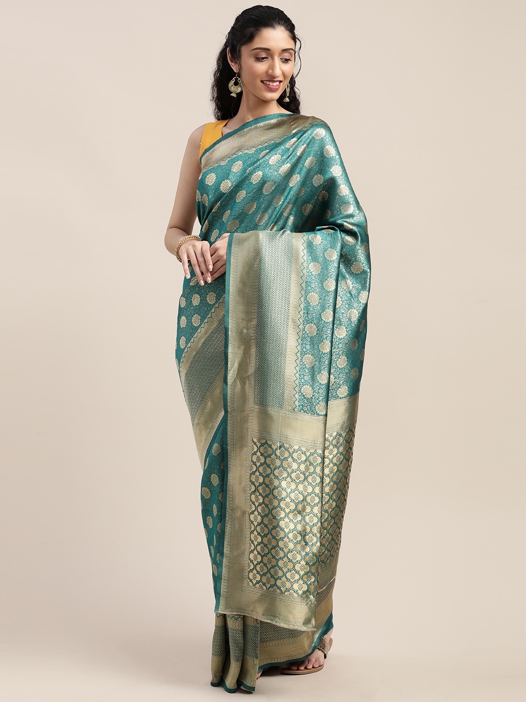 

Mitera Teal & Gold-Toned Silk Blend Woven Design Kanjeevaram Saree