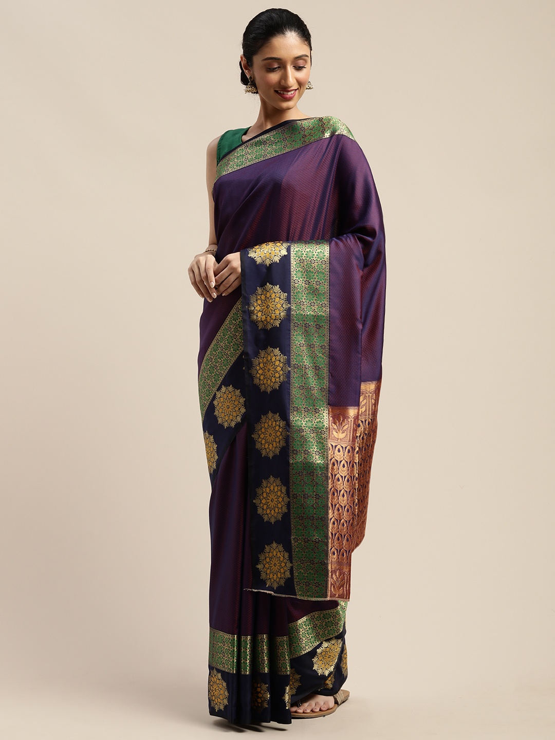 

Mitera Purple & Green Silk Blend Woven Design Mysore Silk Saree