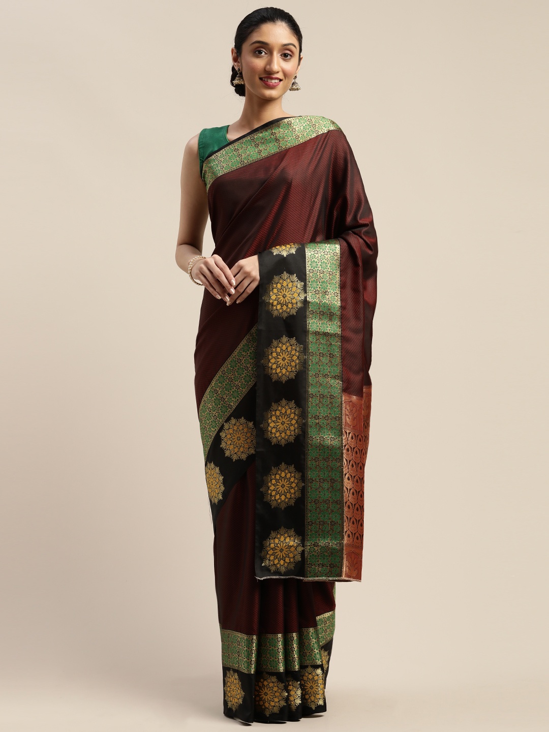 

Mitera Brown & Green Silk Blend Woven Design Mysore Silk Saree
