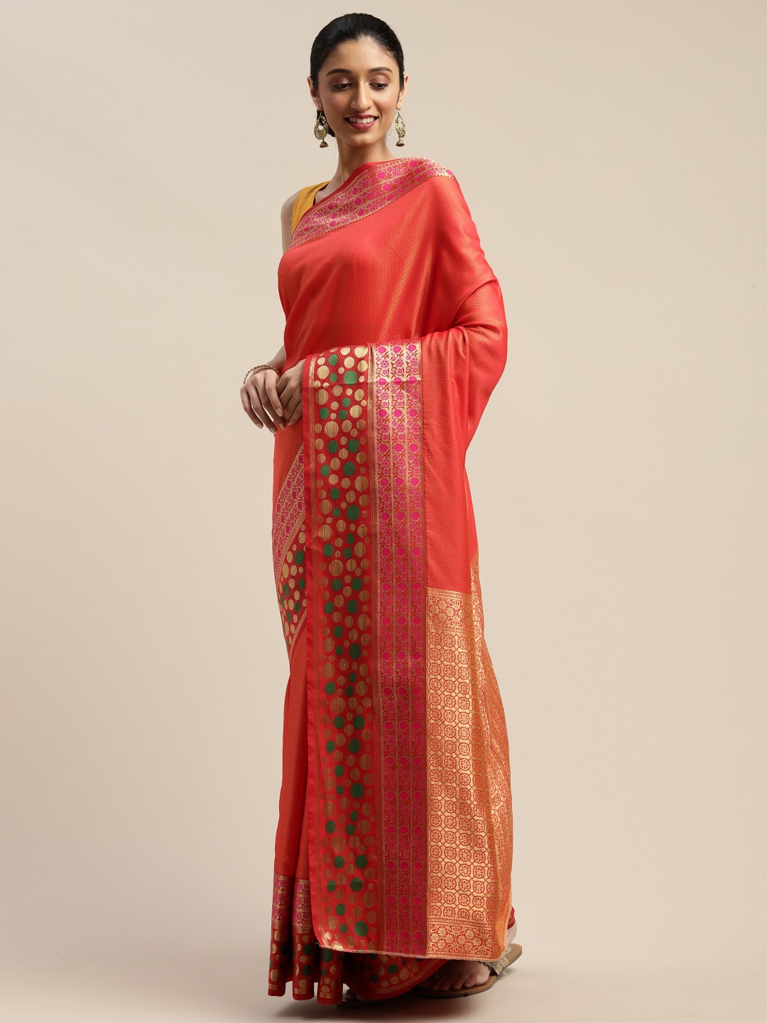 

Mitera Orange Silk Blend Solid Mysore Silk Saree