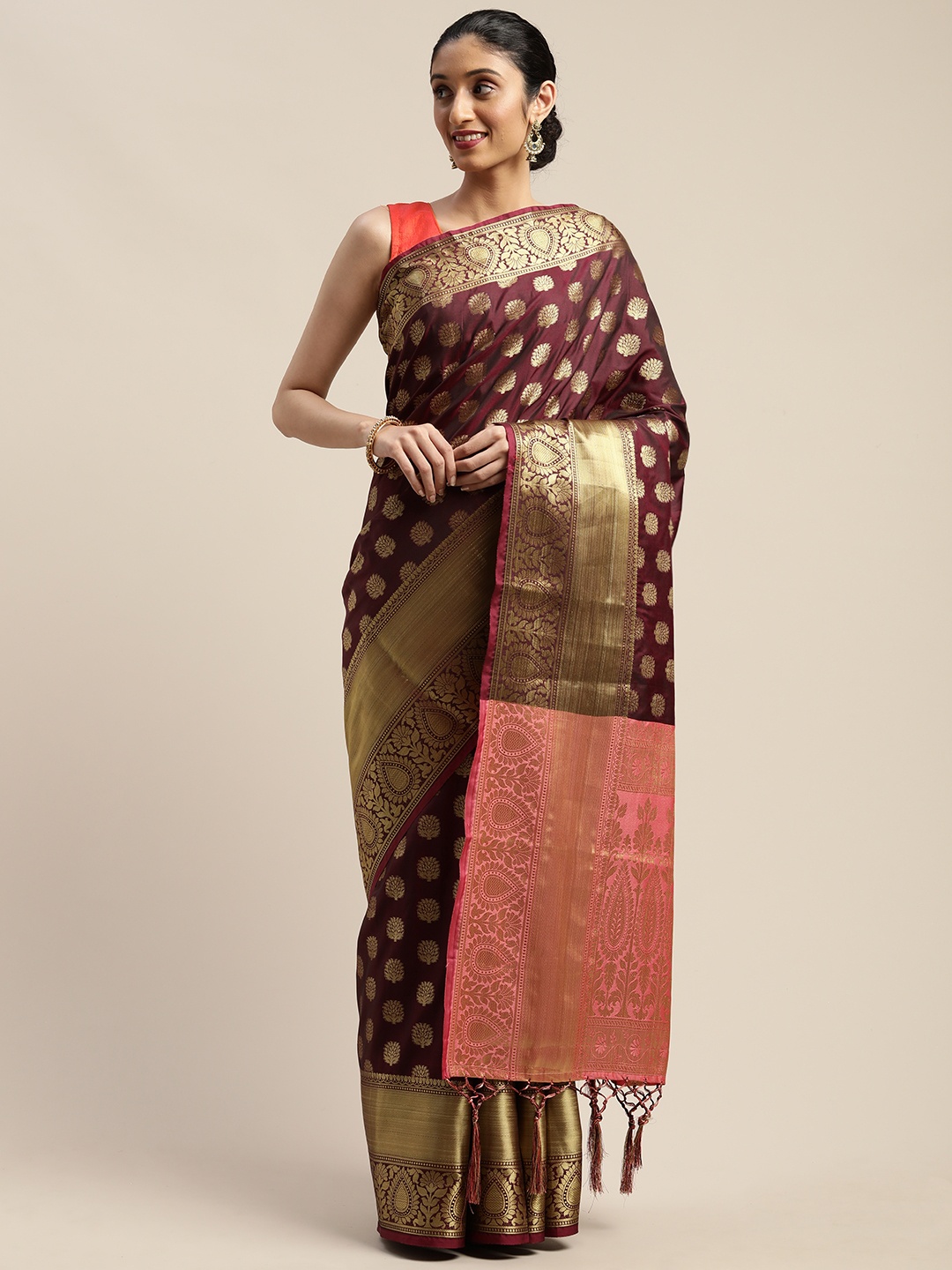 

Mitera Burgundy & Rose Gold Silk Blend Woven Design Banarasi Saree