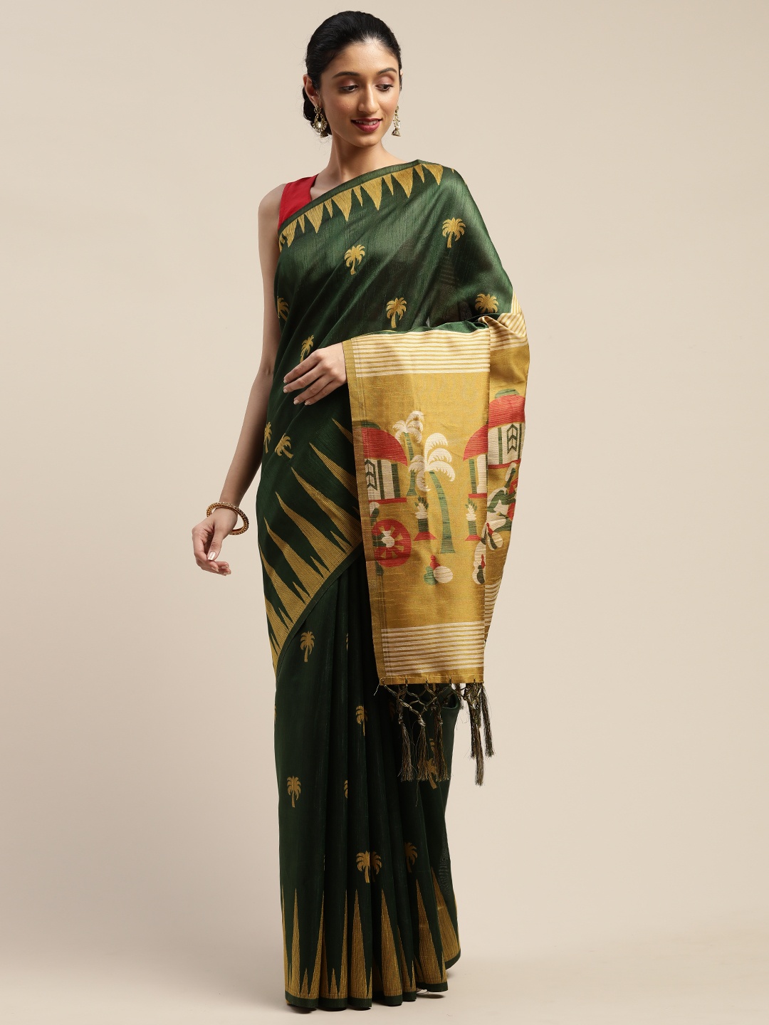 

Mitera Green & Mustard Yellow Silk Blend Woven Design Bhagalpuri Saree