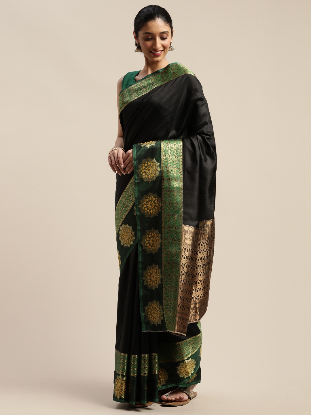 

Mitera Black & Green Silk Blend Woven Design Mysore Silk Saree