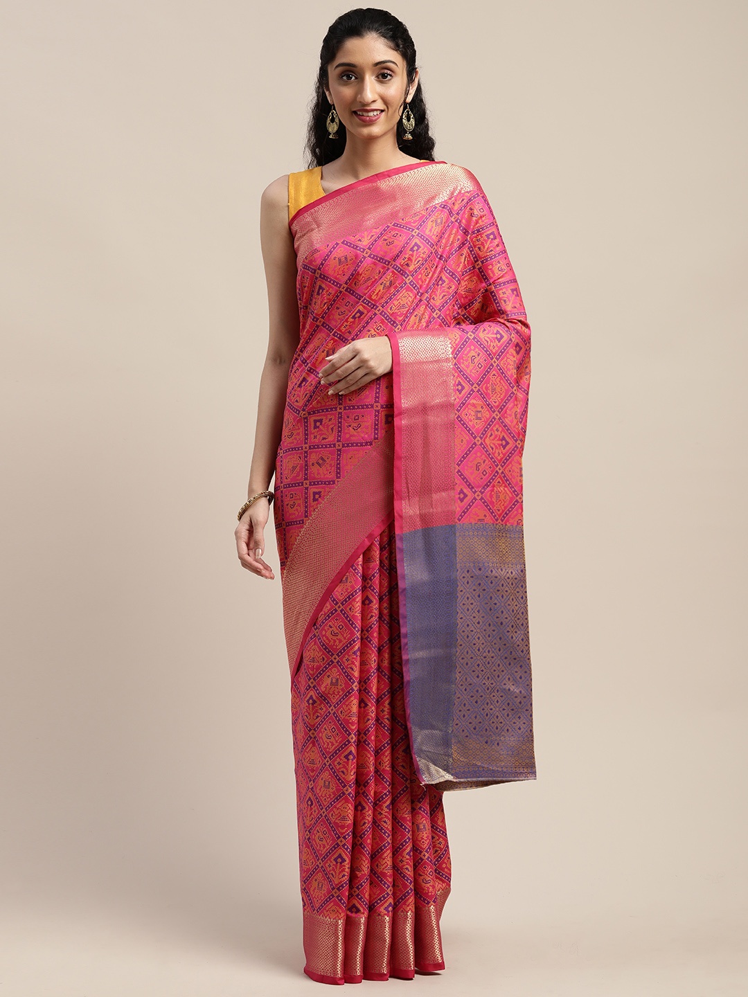 

Mitera Pink & Yellow Silk Blend Woven Design Patola Saree