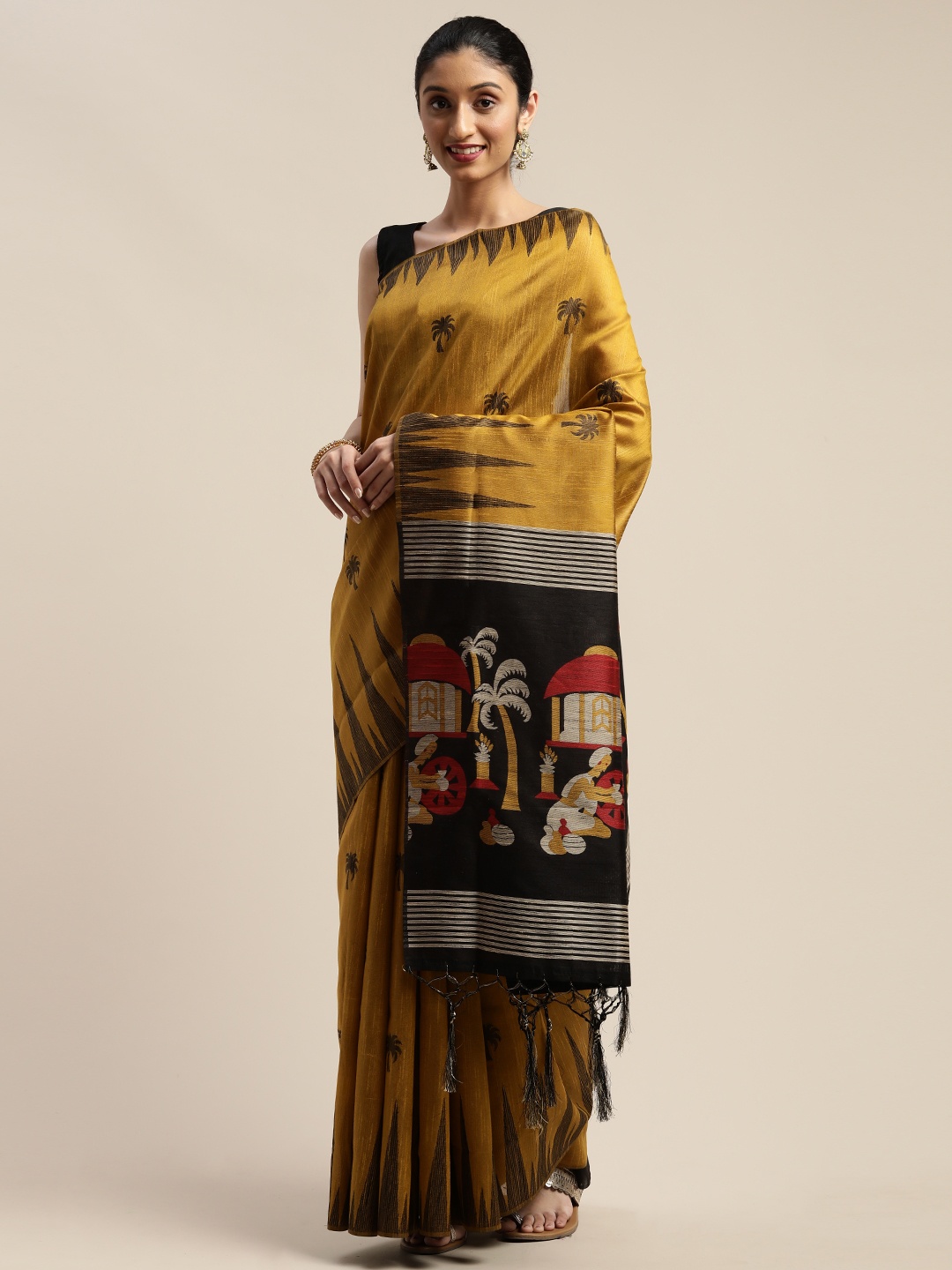 

Mitera Mustard & Black Silk Blend Woven Design Bhagalpuri Saree