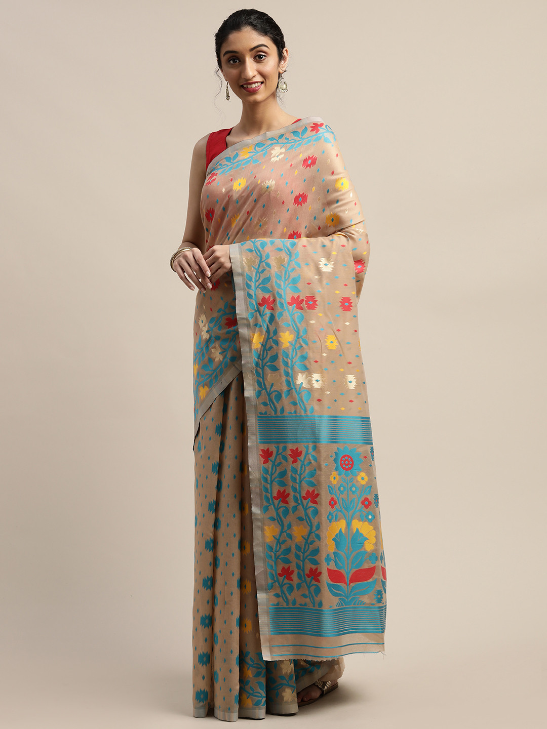 

Mitera Beige & Blue Silk Cotton Woven Design Jamdani Saree
