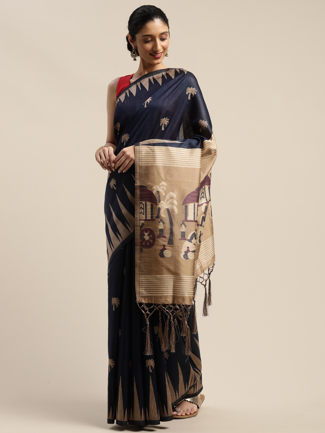 

Mitera Navy Blue & Beige Silk Blend Woven Design Bhagalpuri Saree