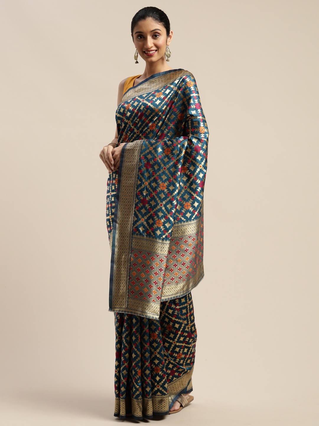 

Mitera Teal Blue Silk Blend Woven Design Kanjeevaram Saree