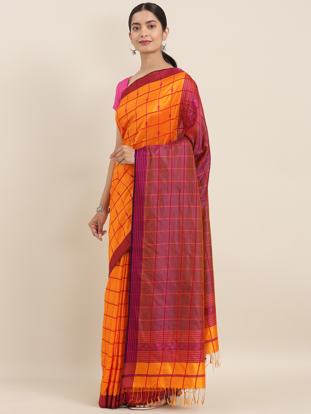 

Taneira Yellow & Red Pure Silk Checked Maheshwari Saree