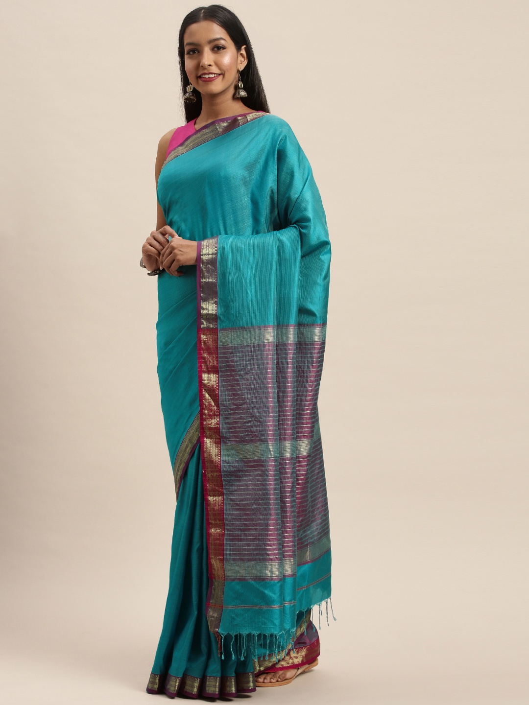 

Taneira Blue & Gold-Toned Pure Silk Solid Maheshwari Saree