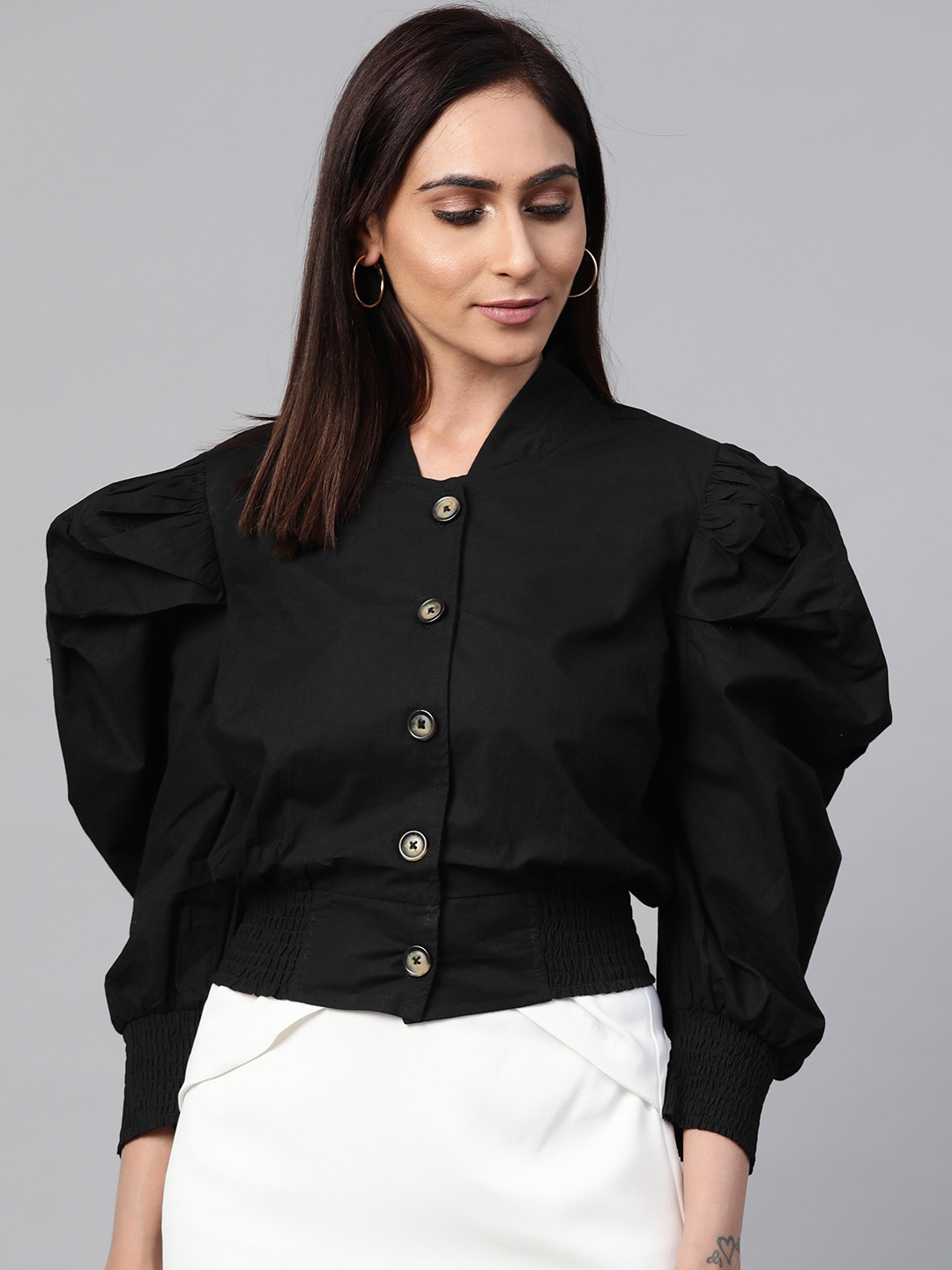 

plusS Women Black Solid Cotton Smocked Top