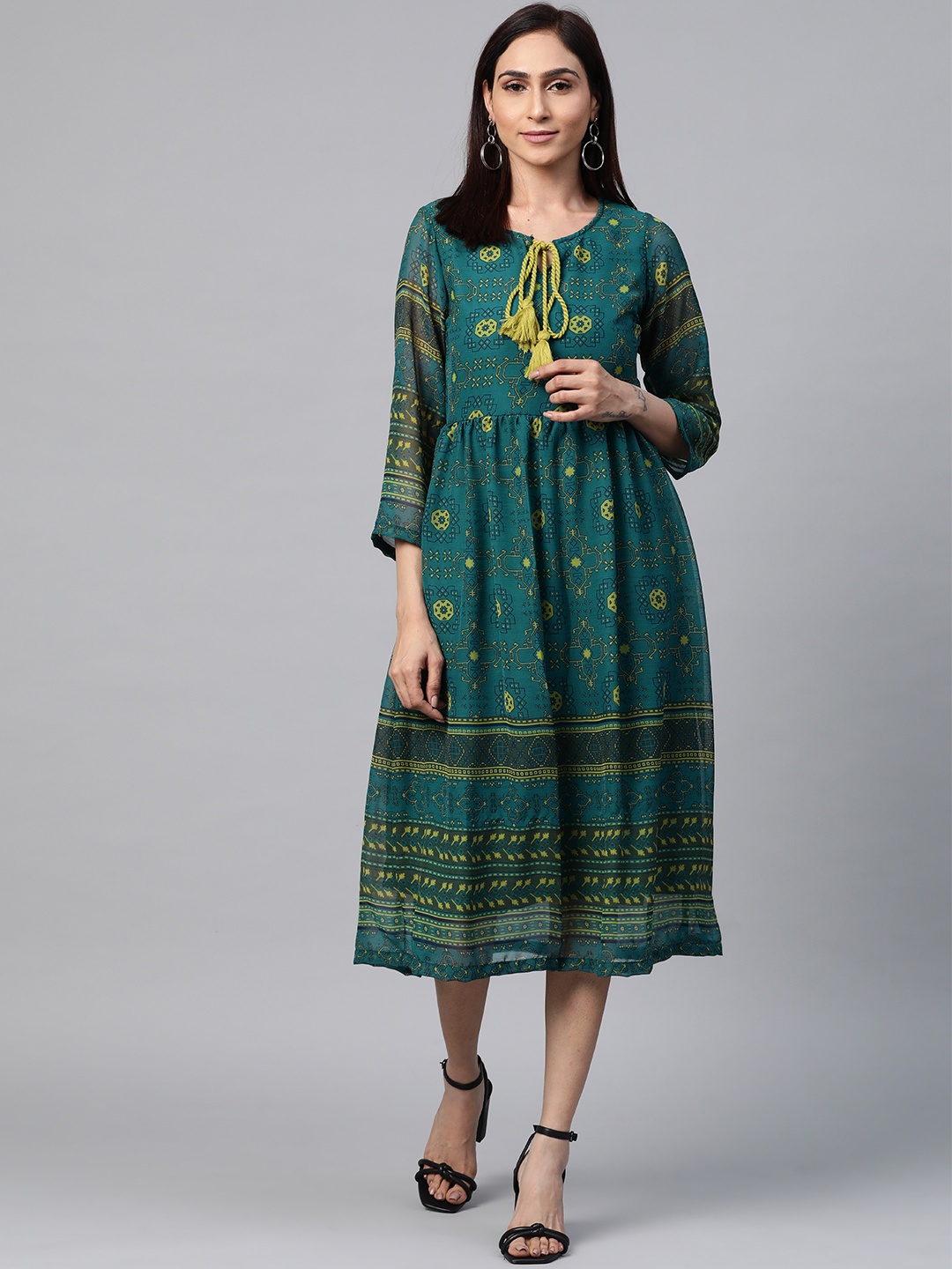 

plusS Women Teal Blue & Green Printed A-Line Dress