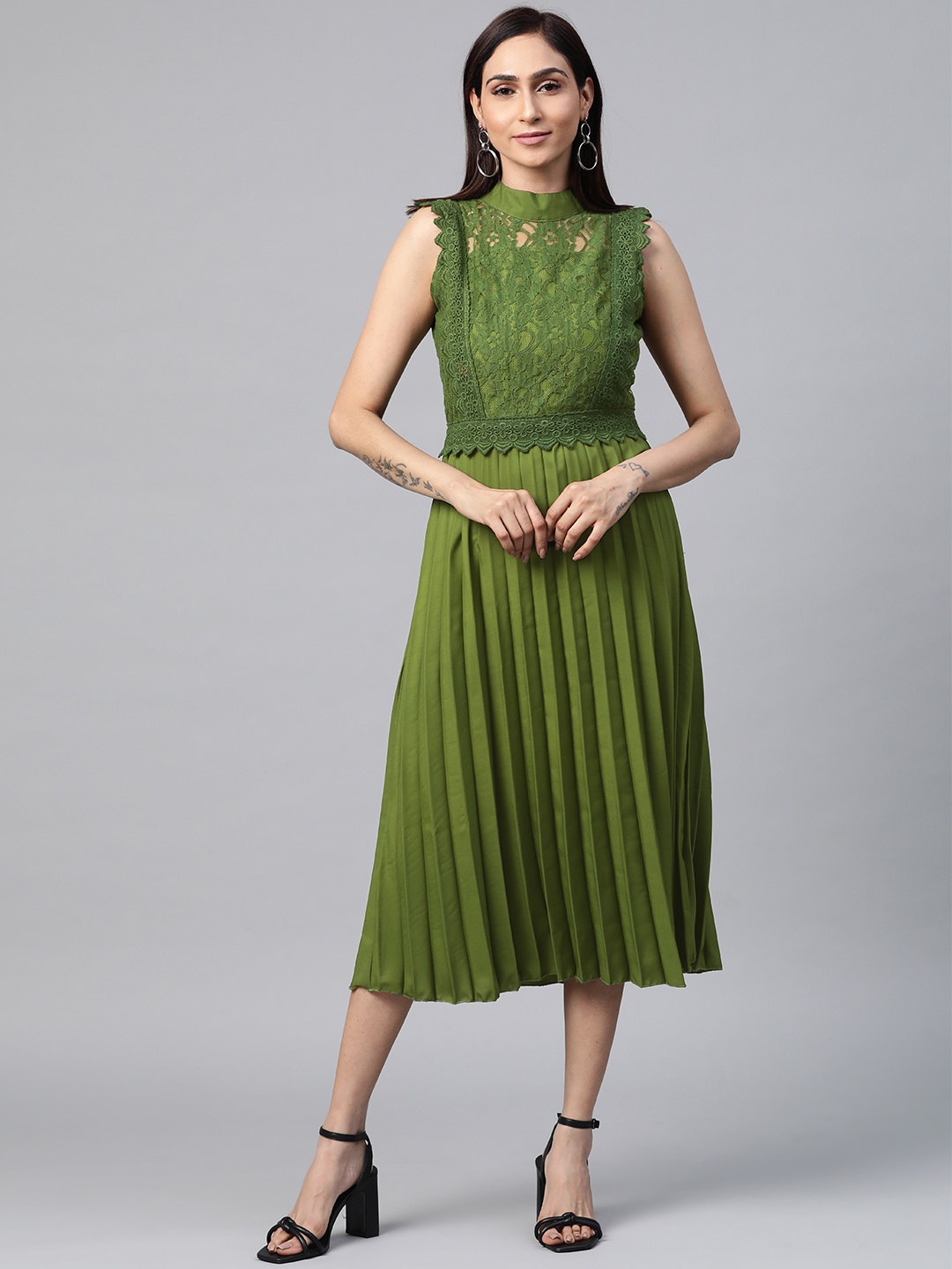 

plusS Women Olive Green Self Design A-Line Dress