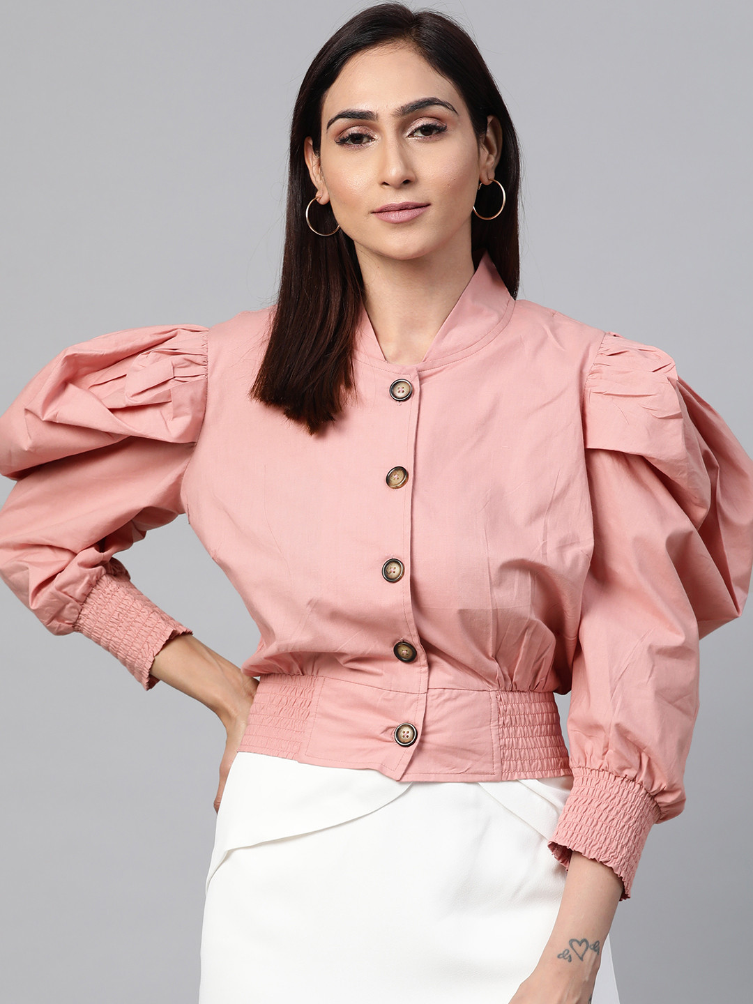 

plusS Women Pink Solid Smocked Pure Cotton Top