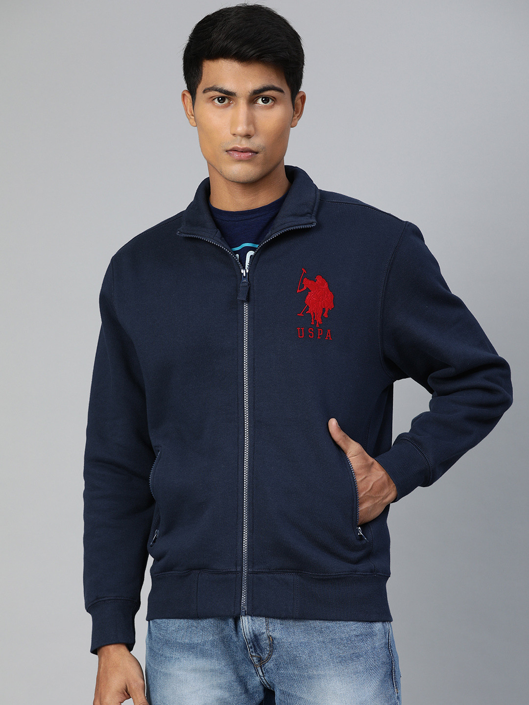 

U.S. Polo Assn. Men Navy Blue Solid Front-Open Sweater