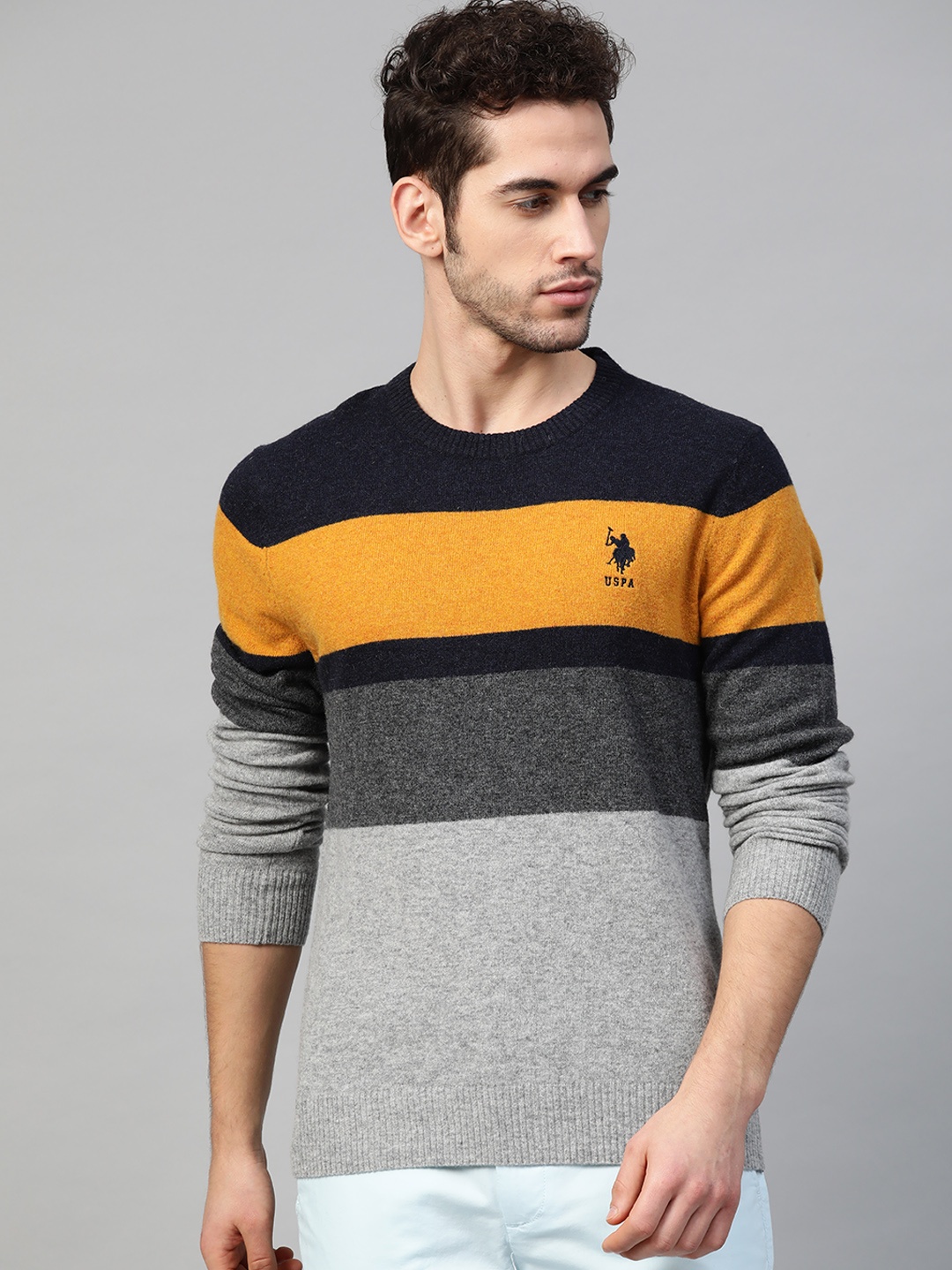 

U.S. Polo Assn. Men Grey & Mustard Yellow Striped Pullover