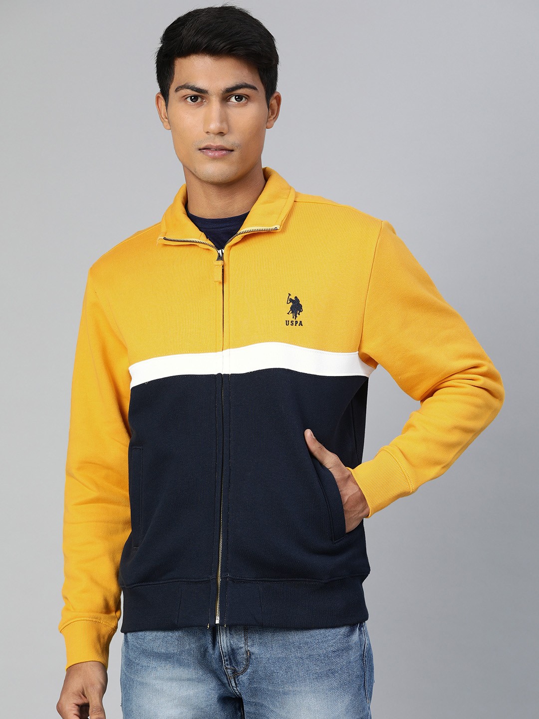 

U.S. Polo Assn. Men Navy Blue & Mustard Yellow Colourblocked Front-Open Sweater