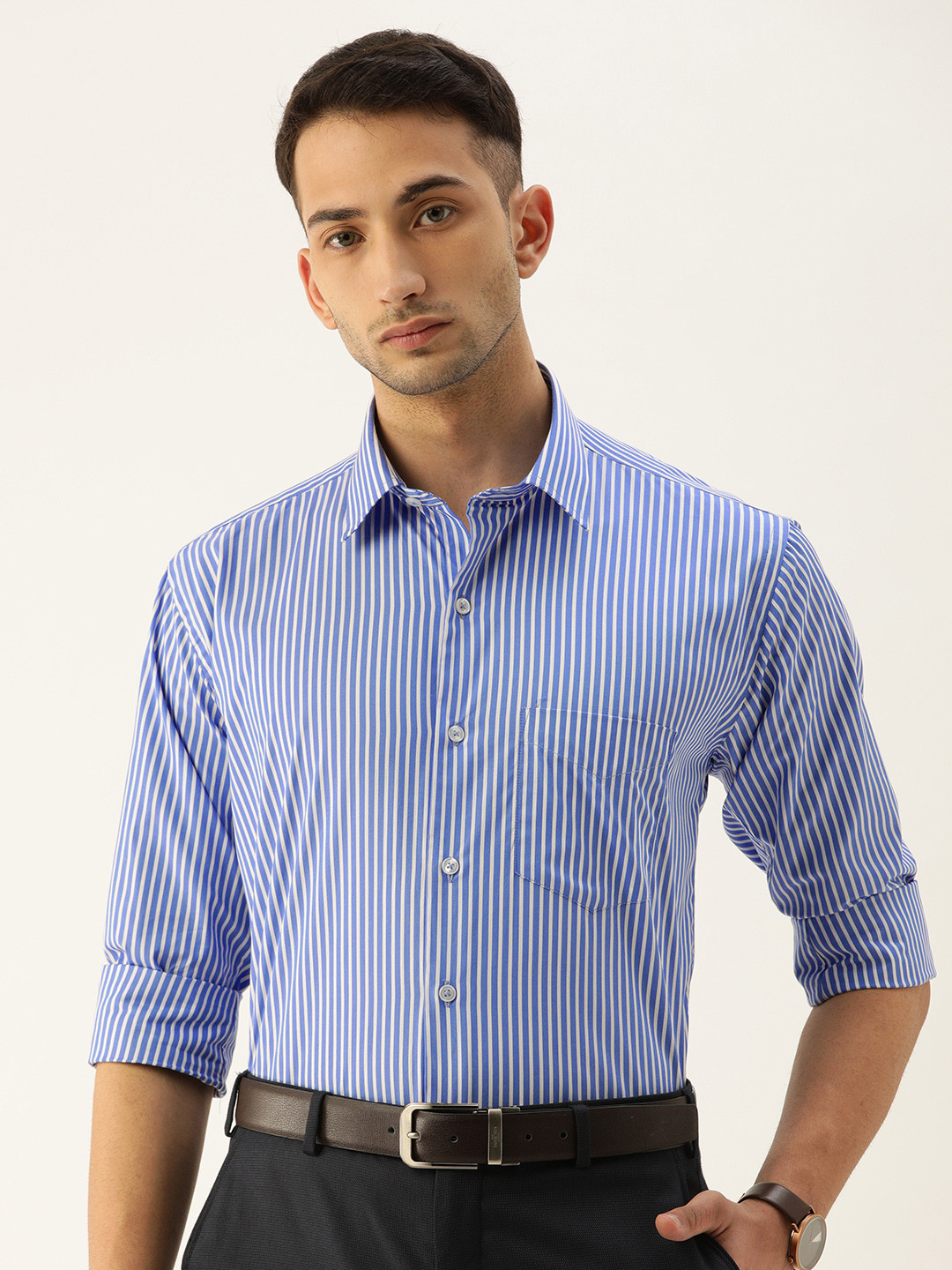 

Hancock Men Blue & White Slim Fit Striped Formal Shirt