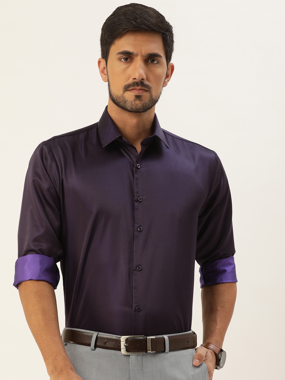 

Hancock Men Purple Solid Satin Slim Fit Formal Shirt